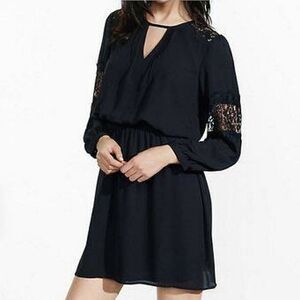 Express Dress Womens XS Black Mini Lace Inset Long Sleeve Elastic Waist